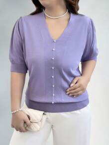 EMERY ROSE Blusa de punto de manga corta abullonada con cuello en V y unicolor, para mujer talla grande, para verano, otoño e invierno - Púrpura malva - Ver 5