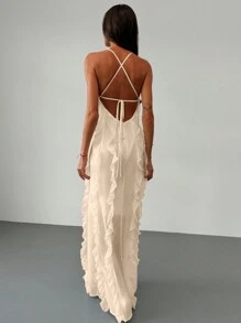 Aloruh Vestido de gasa con decoración de volantes de múltiples capas con espalda descubierta, estilo de diosa, para mujer, para primavera y verano, elegante - Albaricoque - Ver 2