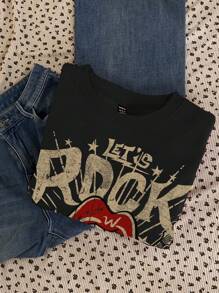 Attitoon Sudadera holgada de cuello redondo con estampado gráfico minimalista de labios vintage para mujer, apta para otoño/invierno