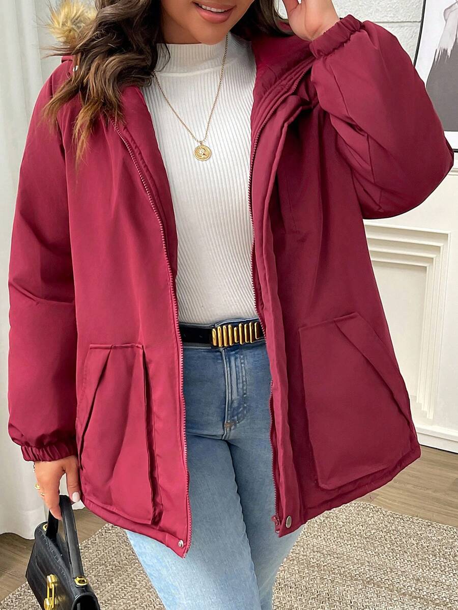 SHEIN LUNE 加大码纯色简约日常长袖加厚棉服外套冬季 - 酒紅色 - 查看 1