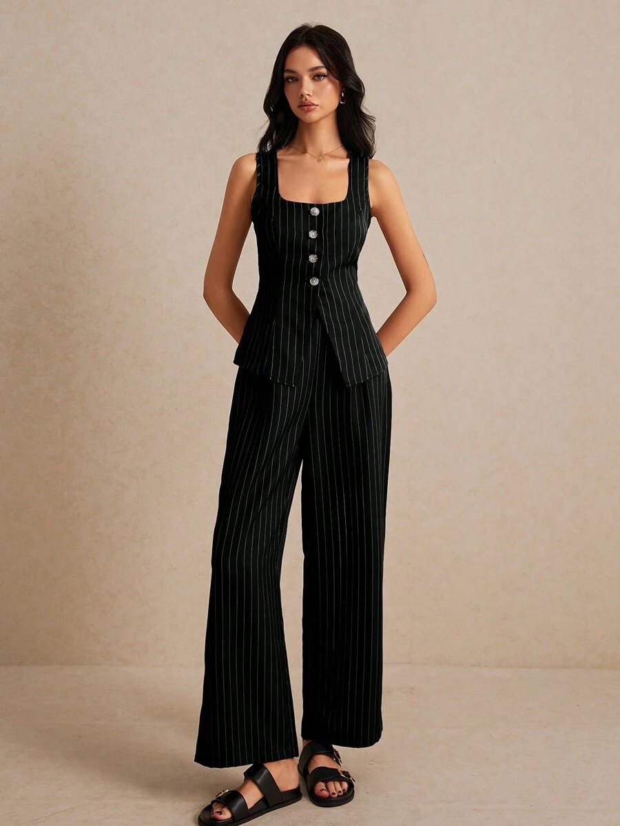 SHEIN Frenchy 夏季女士条纹套装，时尚背心两件套，条纹面料纽扣撞色，无袖上衣和裤子套装穿着舒适面料透气柔软适合通勤日常度假穿着，老款风格，商务休闲女士 - 黑色 - 查看 1