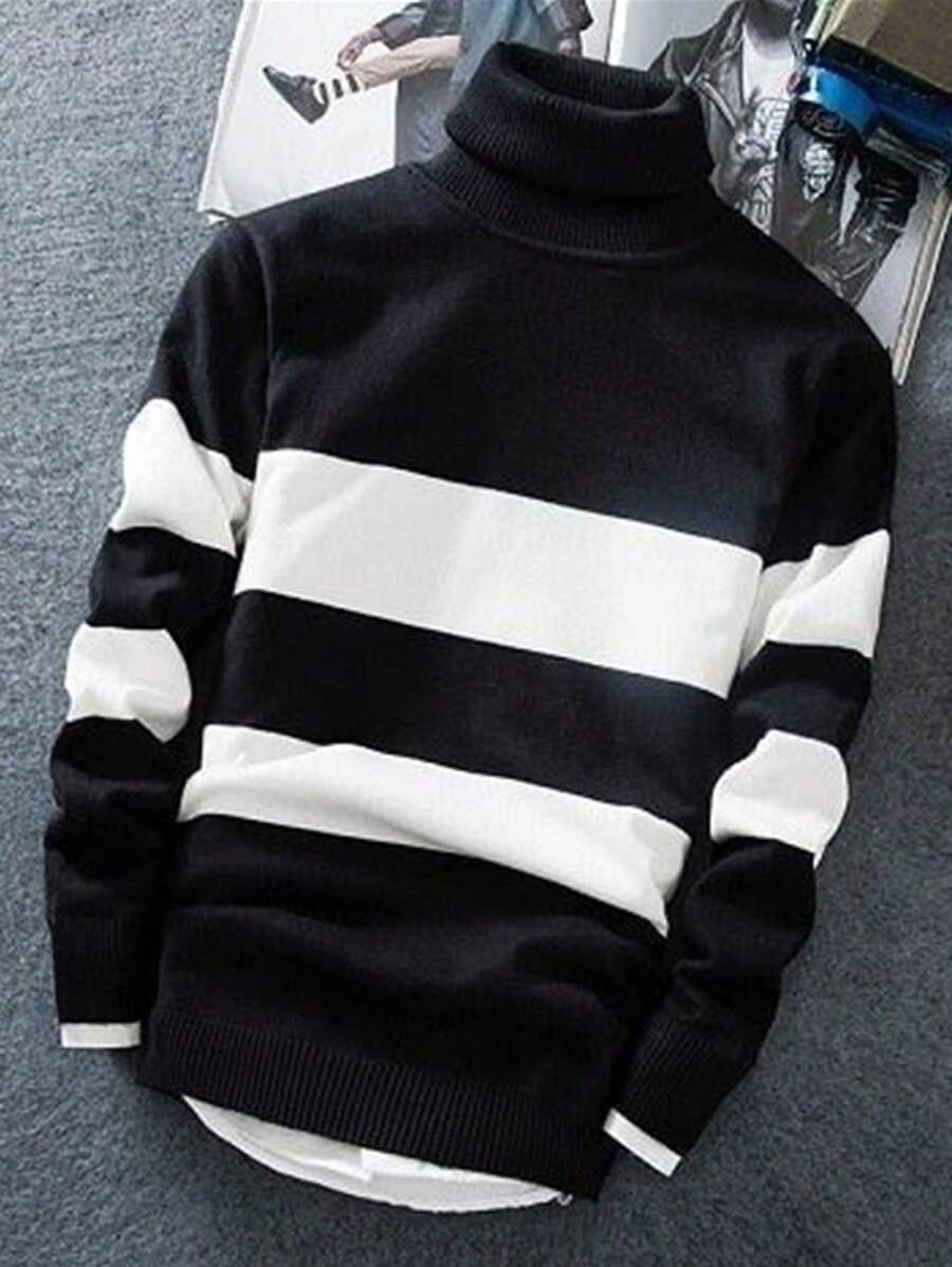 Manfinity Homme 男士条纹高领宽松休闲针织拼色长袖毛衣秋冬外出老公 - 黑色 - 查看 1