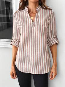 SHEIN LUNE Camicia da donna a maniche lunghe a righe con vita stretta e colletto, vestibilità slim - Multicolore - Visualizzare 5