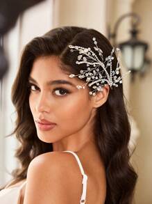 SHEIN Belle 1 件女士优雅、可爱水晶和珍珠手工编织金属/金属质感发饰，适合婚礼、蜜月、派对