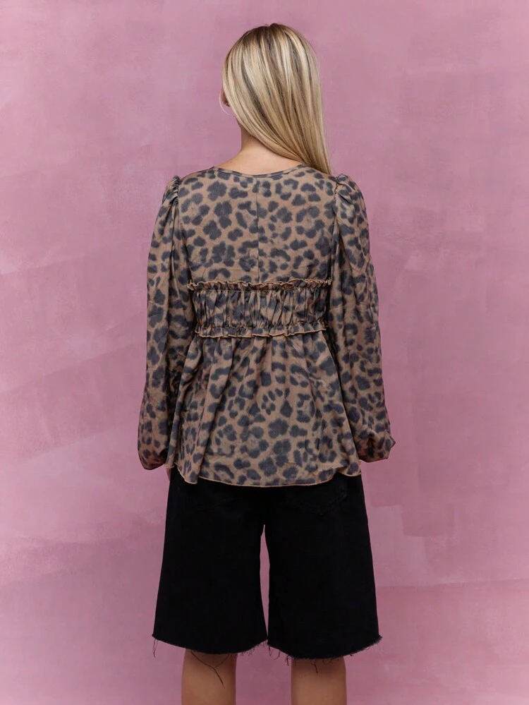 MISSGUIDED Sheer Leopard Print Ruched Bust Open Front Long Balloon Sleeves Blouse