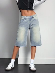 Quần jean lửng denim wash mùa hè dành cho nữ - Màu xanh lam - Xem 2