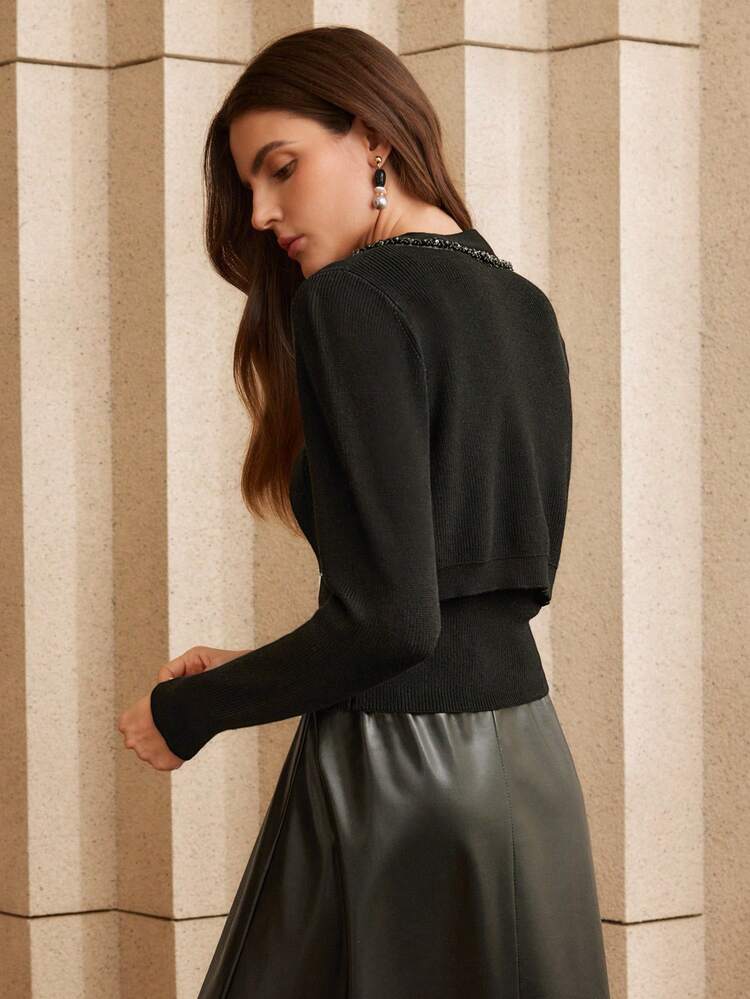 Conjunto elegante hecho a mano de top de punto con cadena 3D y cárdigan, para otoño, suéter de punto para otoño e invierno