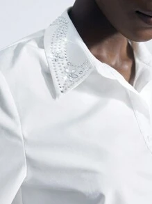 Maija 女士水钻装饰短款长袖口袋前扣休闲衬衫、上衣 - 白色 - 查看 5