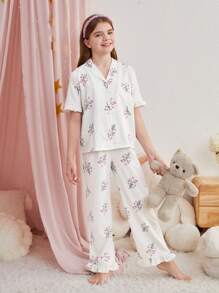 SHEIN Tween Girl 荷叶边 V 领口袋短袖上衣和休闲裤 2 件套家居服套装 - 西瓜粉 - 查看 4