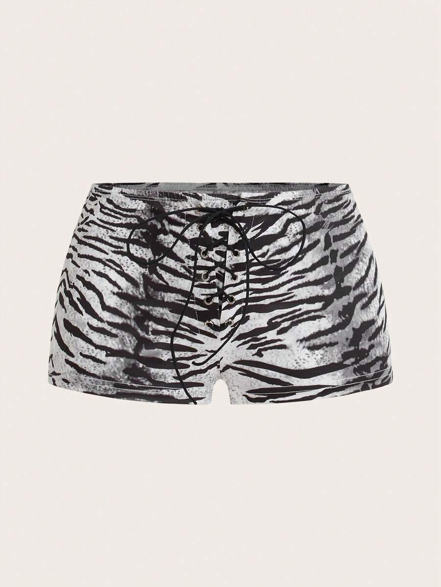 SHEIN ICON Damen Kurze Shorts mit Super Tief Sitzender Taille, Tiger Muster Aufdruck und Kreuz-Trägern