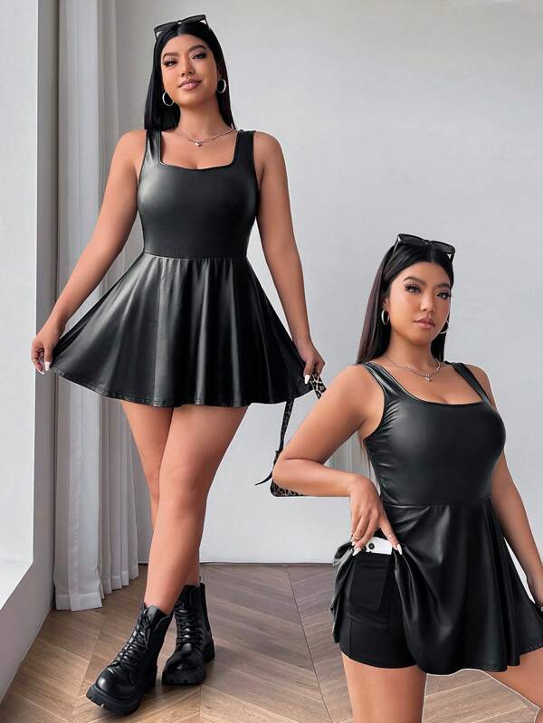 SHEIN EZwear Rochie Salopetă din Piele Pu Fără mâneci Plus Cu Buzunare, Îmbrăcăminte Casual De Halloween