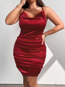 Celure Vestido elegante de talla grande con cuello drapeado y cruzado en la espalda, tejido de punto liso, para fiestas de Año Nuevo y ropa de fiesta - Conjunto de satén para mujer