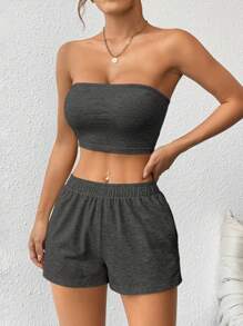 SHEIN PETITE Bộ đồ hai mảnh thường ngày màu trơn dành cho nữ - Màu xám đen - Xem 3