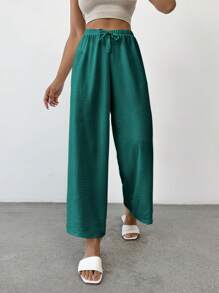 SHEIN PETITE Quần nữ thường ngày màu trơn Petite Cottnline Knot - Màu xanh lá cây đậm - Xem 5