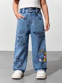 SHEIN Explorewe 年轻女孩休闲简约英伦卡通印花洗水舒适牛仔裤 - 中等水洗藍 - 查看 7