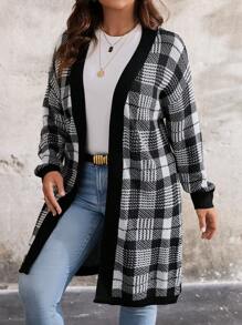 SHEIN LUNE Plus Size Women Plus Size Plaid Print Tie Front Long Sleeve Cardigan Fall Cloth For Women - Black and White - View 3