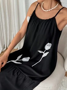 SHEIN LUNE Sleeveless Loose Women's Dress With 3D Rose Flower And Color Blocking Design - Black - View 3