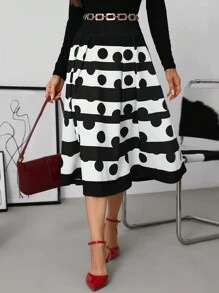 SHEIN Clasi Gonna a ruota elegante a pois bianca e nera per donne - Bianco e nero - Visualizzare 4