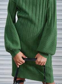 SHEIN Girls' Turtleneck Knit Midi Dress, Oversized And Relaxed Fit - Army Green - View 3