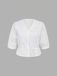 Chiquease Women Embroidered Short Sleeve Ruffle Hem Blouse - White - View 1