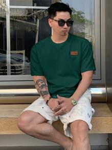 DAZY 男士圆领短袖字母拼布 T 恤，夏季 - 墨綠色 - 查看 5