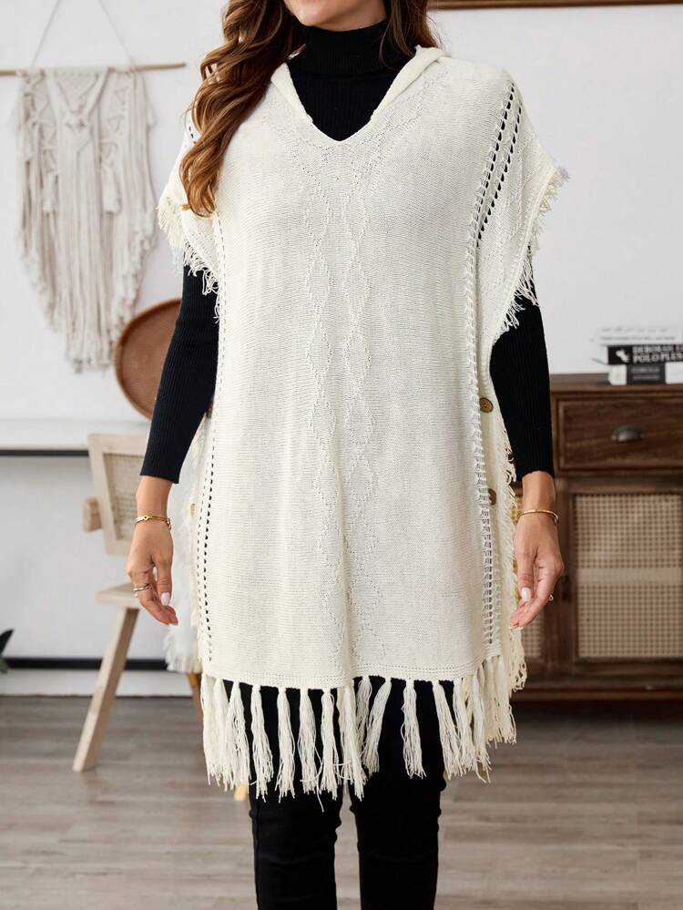 Women's Solid Color Hooded Tasseled Hem Casual Pullover Sweater