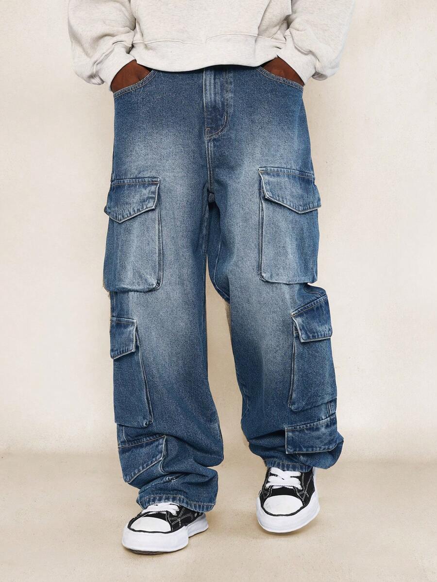 SUMWON Pantalón vaquero holgado tipo cargo con bolsillos utilidad - Azul - Ver 1