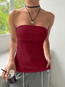 SHEIN EZwear Summer Outfits Solid Split Hem Tube   Top - Rose Red - View 7