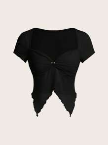 SHEIN ICON Camiseta de manga corta ajustada con cuello cuadrado, busto fruncido y bajo asimétrico - Negro - Ver 1