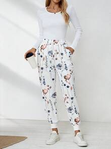SHEIN LUNE 女式新款花卉印花抽绳腰袋踝带休闲运动裤，秋冬款 - 白色 - 查看 4