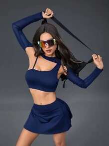 Innovista 3 合 1 不对称短款背心、裙子和短上衣、网球裙套装、透气可拆卸网眼袖上衣、女士健身套装、健身套装、高尔夫服装、秋装