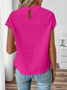 Breezaya Women's Summer Solid Color Hollow Round Neck Cap Sleeve Blouse - Hot Pink - View 2