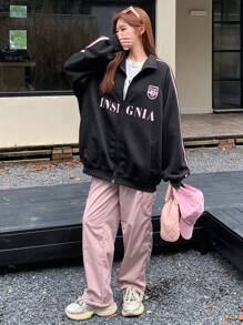 DAZY Damska bluza z polaru z kontrastowym nadrukiem i dużym nadrukiem, bluzki z długim rękawem, kurtka termiczna z podszewką, jesień i zima, zapinana na zamek - Czarne - Zobacz 3