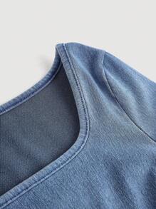 SHEIN 青少年女孩秋装石洗针织牛仔弹力牛仔连体裤带喇叭袖休闲紧身衣