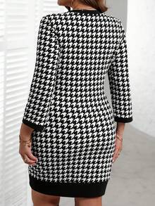 EMERY ROSE 大码女式春夏千鸟格圆领 3/4 袖优雅连衣裙 - 黑與白 - 查看 2