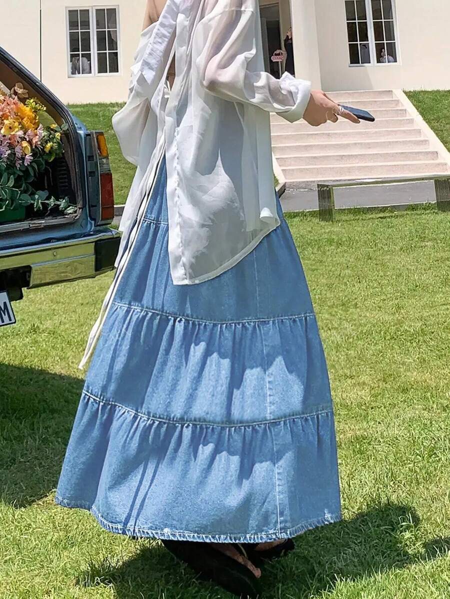 Women's Denim Skirt With Pleats And Ruched Hem SHEIN South Africa