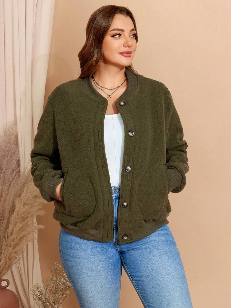 EMERY ROSE Plus Size Women's Casual Solid Color Bombe Fuzzy Jacket, Fall Autumn/Winter