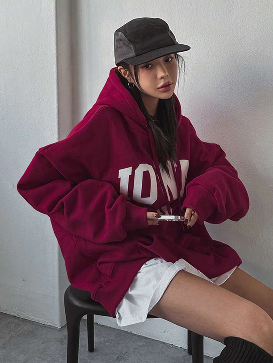 DAZY Women Christmas Letter Print Loose Fit Hooded Sweatshirt ,Holiday,Long Sleeve Tops,Fall Women Clothes Hoodies - Red - View 1