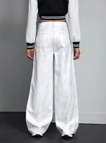 时尚金属洗水阔腿牛仔裤秋季女装 - 白色 - 查看 3