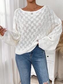 SHEIN LUNE Women's Solid Color Round Neck Batwing Sleeve Hollow Out Loose Casual Sweater For Autumn Winter, Knit Pullover Fall - White - View 1