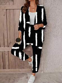SHEIN LUNE Conjunto de ropa de mujer con chaqueta y pantalones estampados en blanco y negro con grafiti, ropa de invierno, conjunto de negocios casuales, blusa de trabajo, blusa de negocios, talla grande - Blanco y Negro - Ver 7