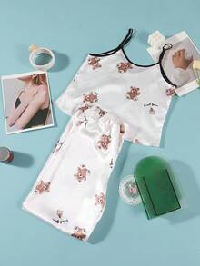 卡通印花吊带背心和长裤睡衣套装，夏季 - 白色 - 查看 2