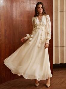 Anewsta Vestido Longo Sólido com Manga Longa e Aplicação Floral em Decote em V, Conjunto Mulheres - Damasco - Visão 3