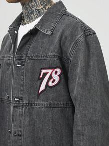 Manfinity Homme Chaqueta vaquera casual con cuello de solapa, botones delanteros, manga larga y estampado de letras para hombres