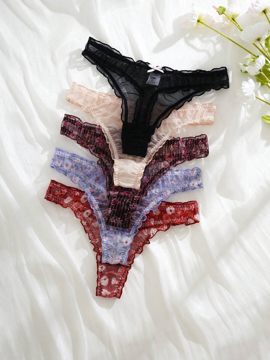 PetitDoll 5 件女式网眼荷叶边丁字裤套装 - 彩色 - 查看 1