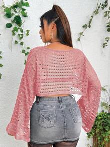 PUNK 大码纯色镂空短款针织毛衣，春夏 - 粉色 - 查看 2