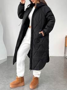 SHEIN EZwear Black Long Hooded Padded Coat, Autumn/Winter - Black - View 6