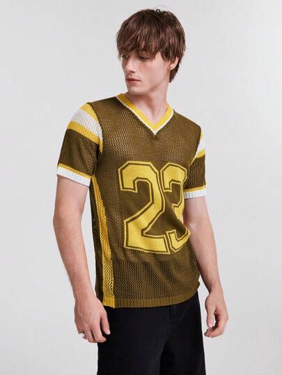 Street Life Suéter de manga corta para hombre con cuello en V, estampado de rayas y números en contraste de color