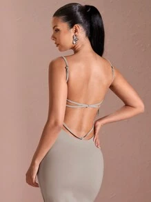 SHEIN BAE Đầm bodycon đen gợi cảm hở lưng, cổ vuông, dây mảnh, buộc chéo gợi cảm mùa hè - Xám - Xem 5