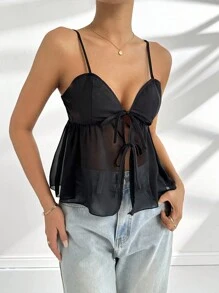 Chiquease Chiffon Sleeveless V-Neck Slim-Fit Camisole With Rope Tie - Black - View 3